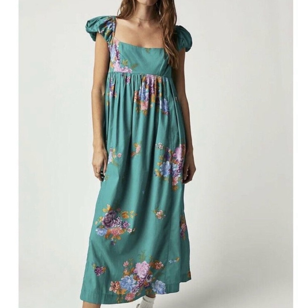 Free People Floral Linda Lou Poplin Puff Sleeve Midi Dress